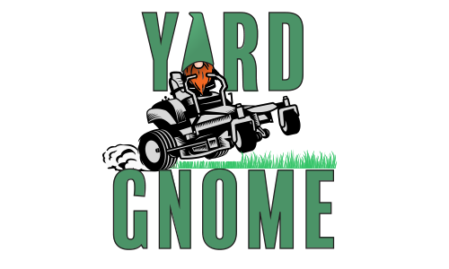 Mobile Tech Yard Gnome logo. A playful gnome riding a lawn mower with the words "Yard Gnome" around
